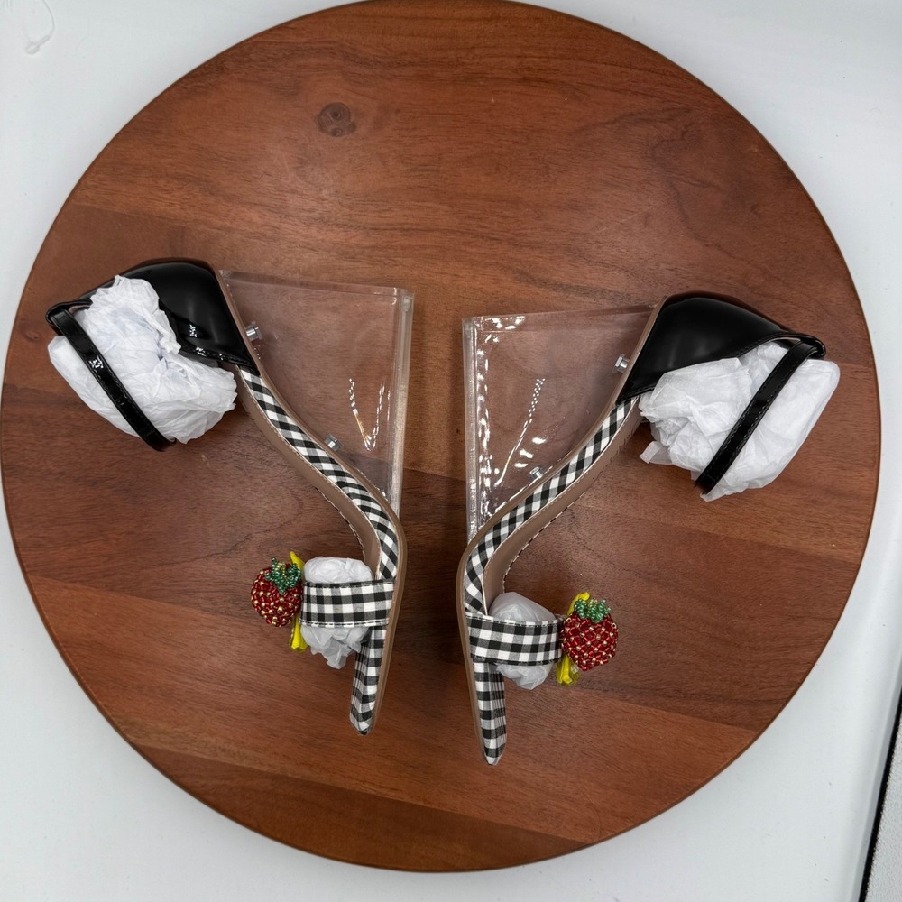 Betsey‎ Johnson Harlen Gingham Fruit Beaded Clear Wedge Sandals Black White 7.5 - Picture 9 of 14